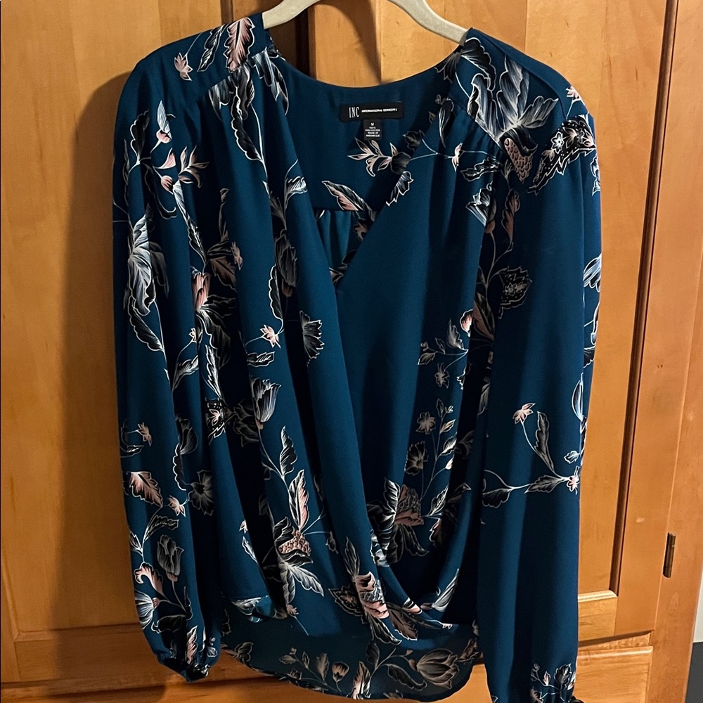 INC International Concepts Floral Wrap Blouse - Teal and Pink
